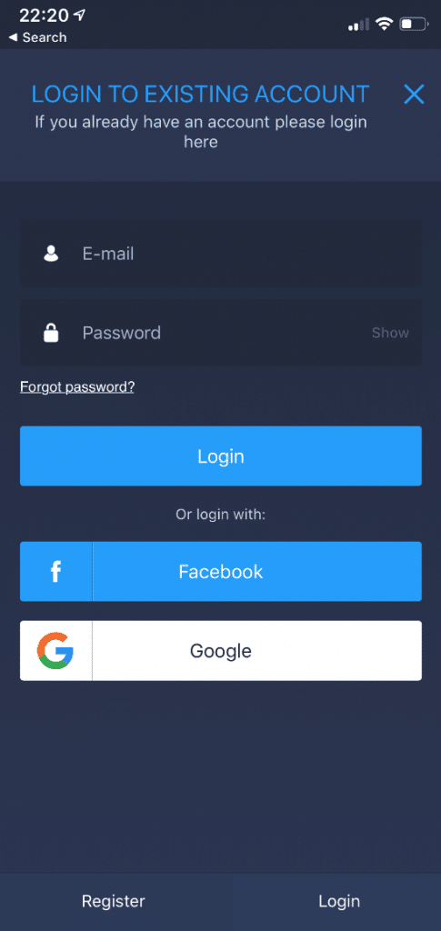Aplicativo móvel de login ExpertOption iOS / Android
