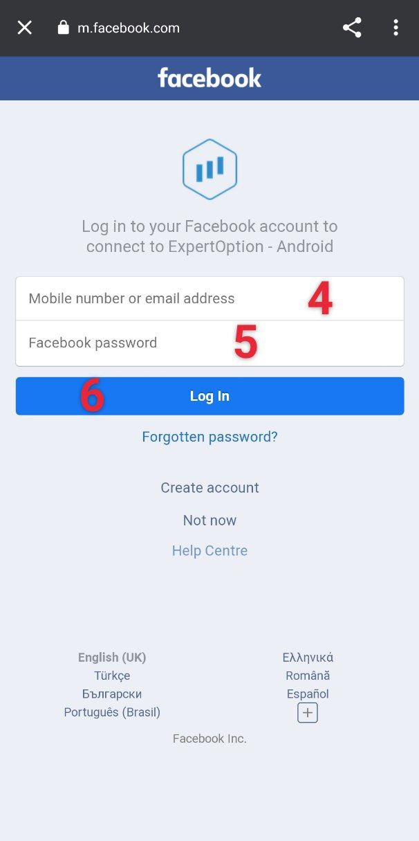 Formulário de login do Facebook ExpertOption