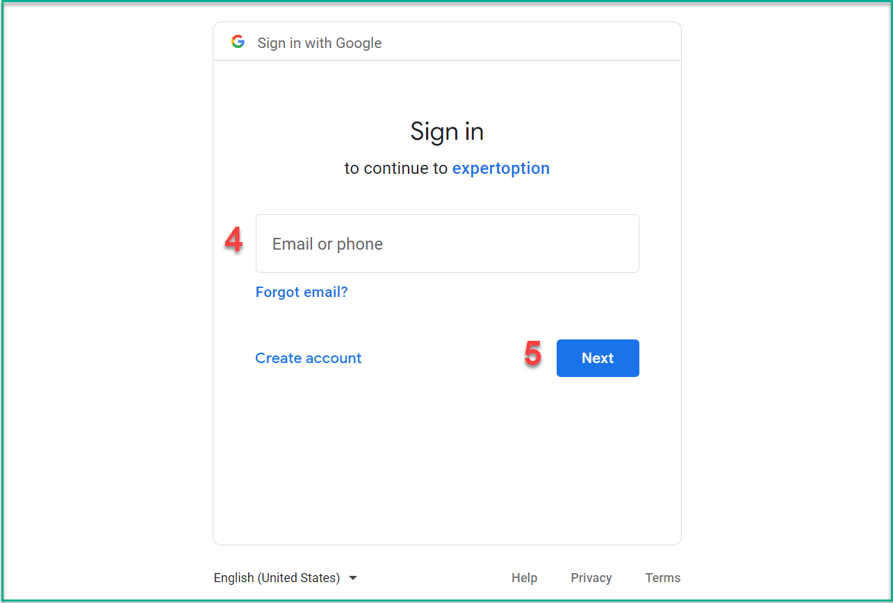 ExpertOption insira o e-mail ou telefone do Google