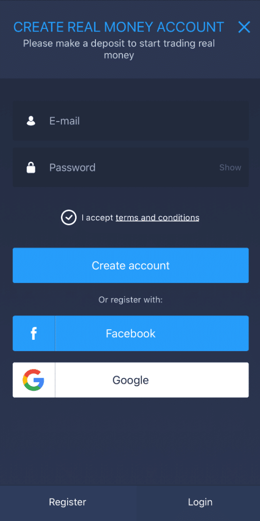 Conta de registro do aplicativo ExpertOption iOS / Android