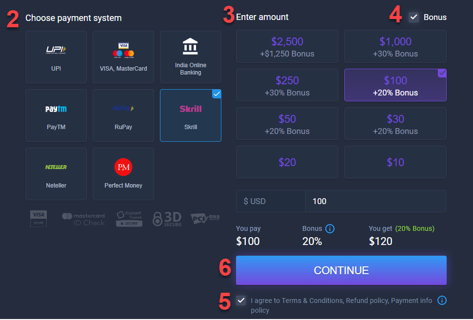 ExpertOption choose payment system and amount