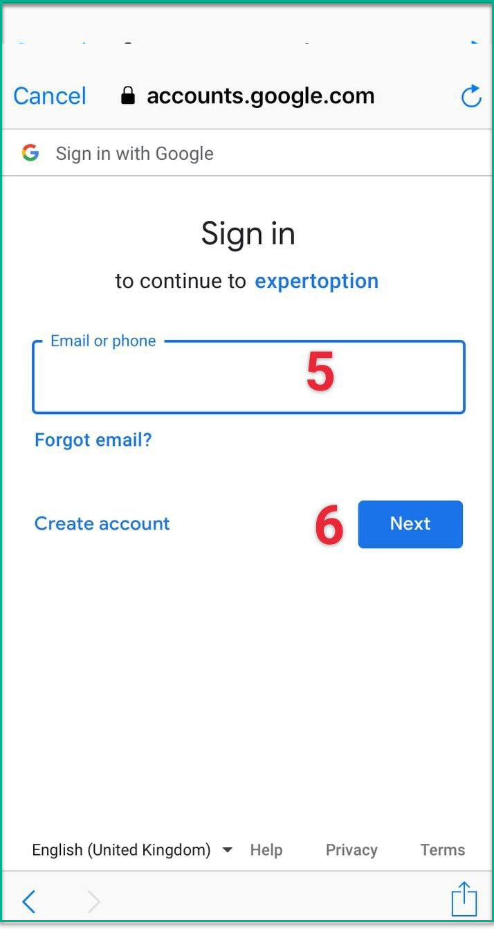 ExpertOption enter Goggle email or Phone