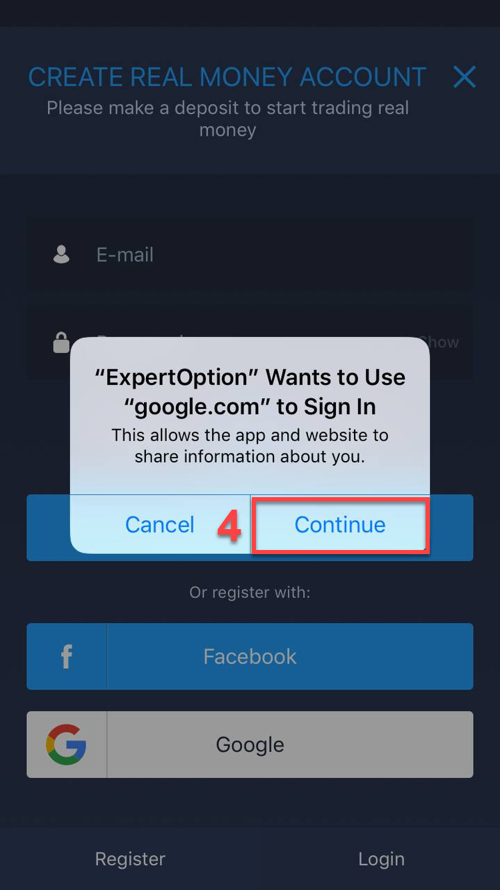 ExpertOption press on the Continue button